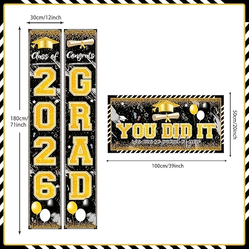 Party Banner Gold - 2D 3Pcs 2026 Graduation Banners, Black