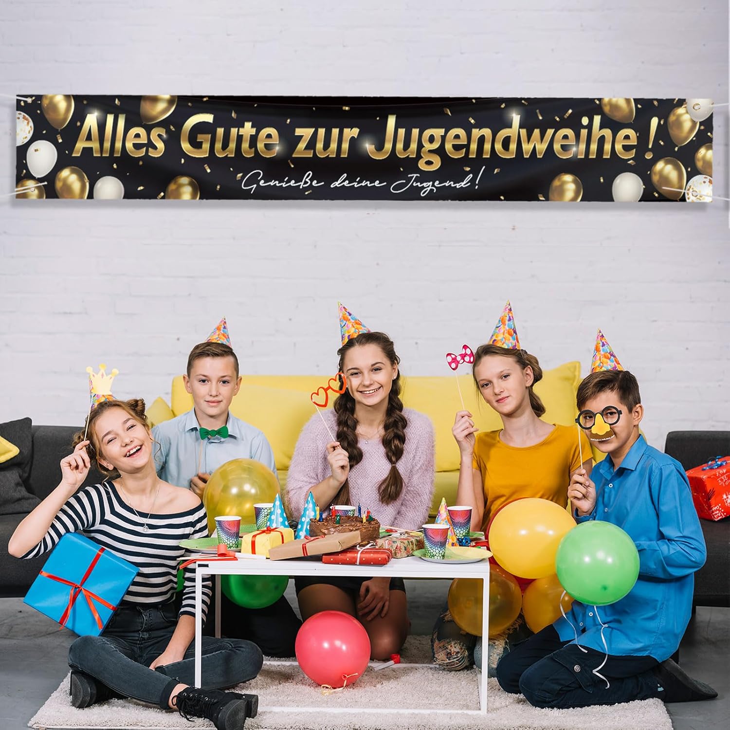 Party Banner Gold - Jugendweihe Deko,Jugendweihe Banner Schwarz Gold,220x30cm Deko
