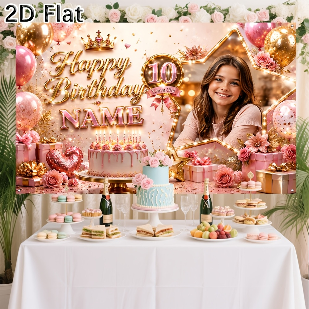 Party Banner Gold - 1pc Personalized Pink Gold 10th Happy