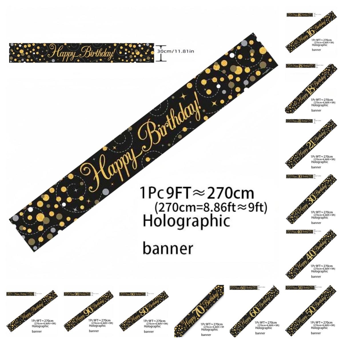 Party Banner Gold - Black Gold Holographic Birthday Banner 9ft