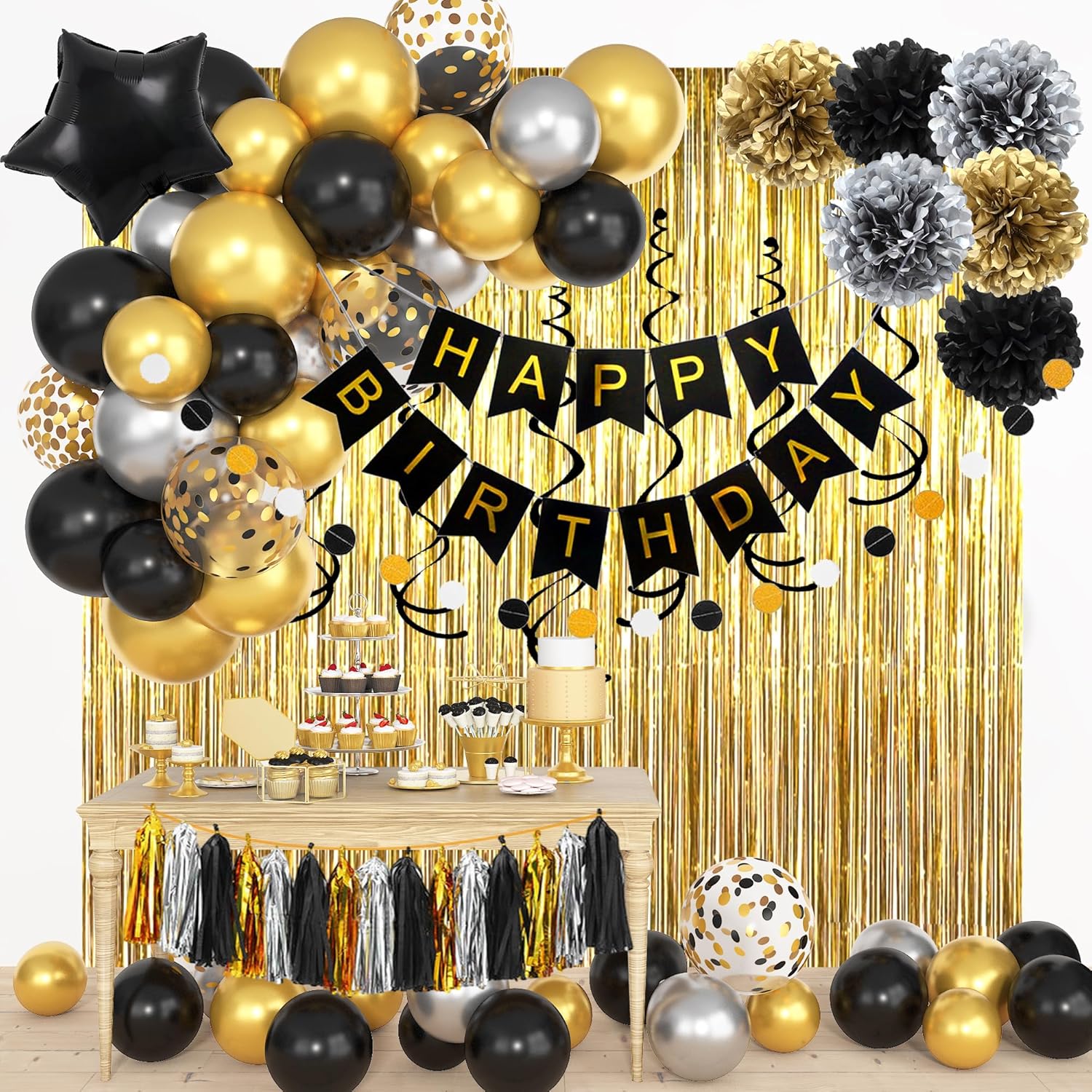 Black Gold Happy Birthday Deco - đánh giá và giá Party Banner Gold